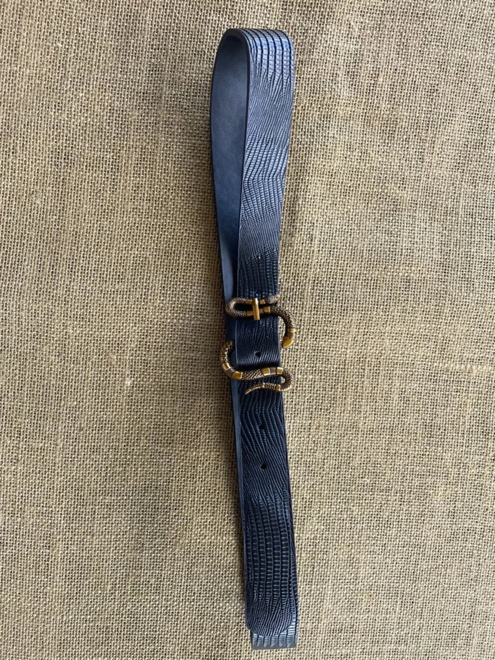 Faux Croc Textured Leather Belt with Gold-Tone Double Snake Buckle Accent